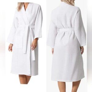 Chakir Linen White Cotton Blend Waffle Texture Belted Luxury Robe One Size NIP